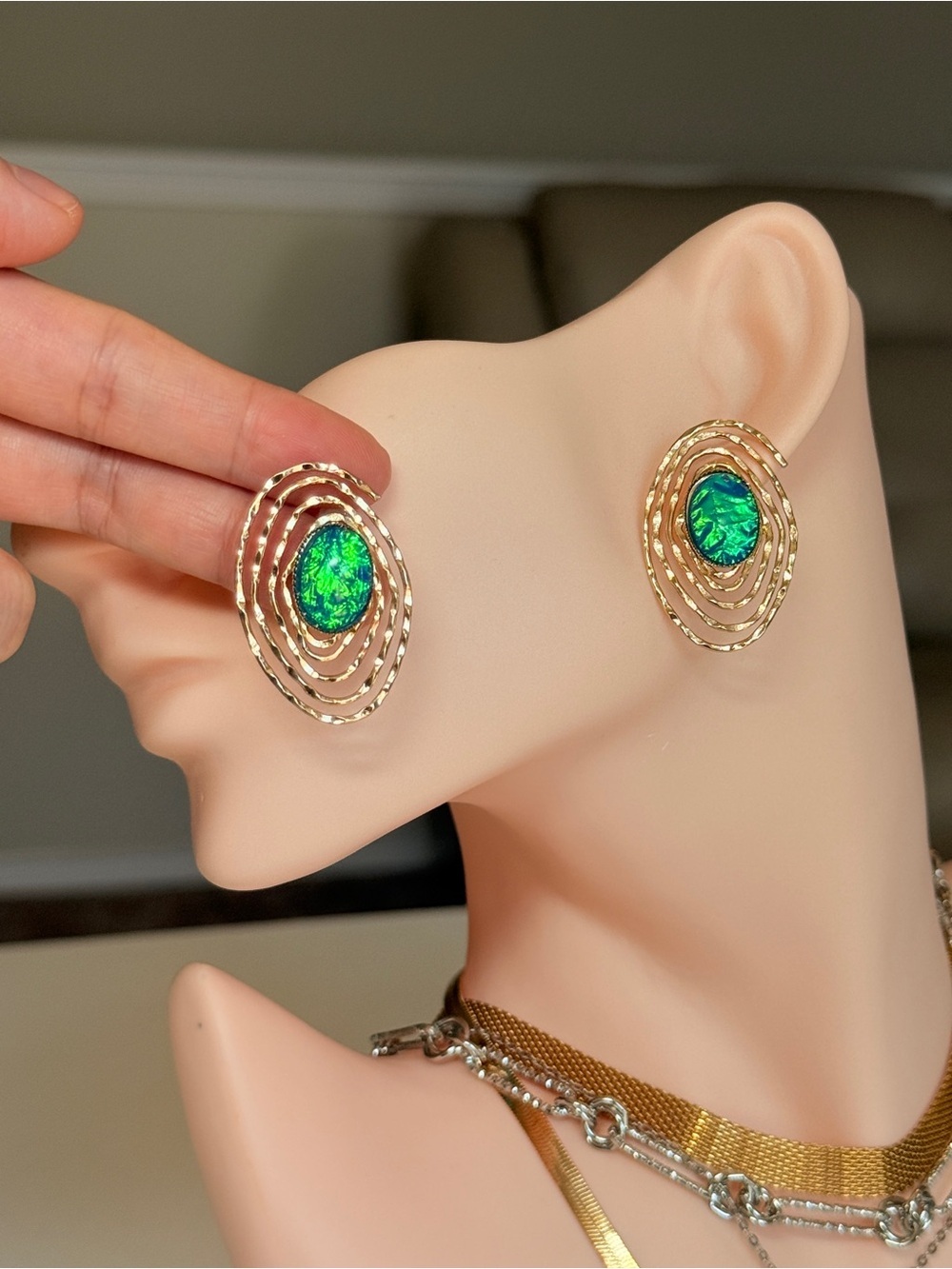 Gold-Tone Earrings with Green Opal Center - Women Jewelry - Picture 8 of 11